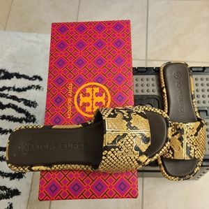 Tory Burch snake printed leather slides